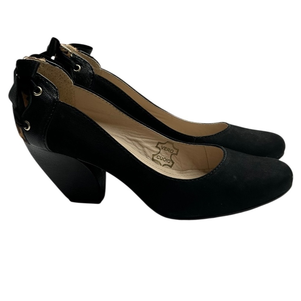 Biondini Black Leopard Calf Bow Block Heels - Picture 2 of 15